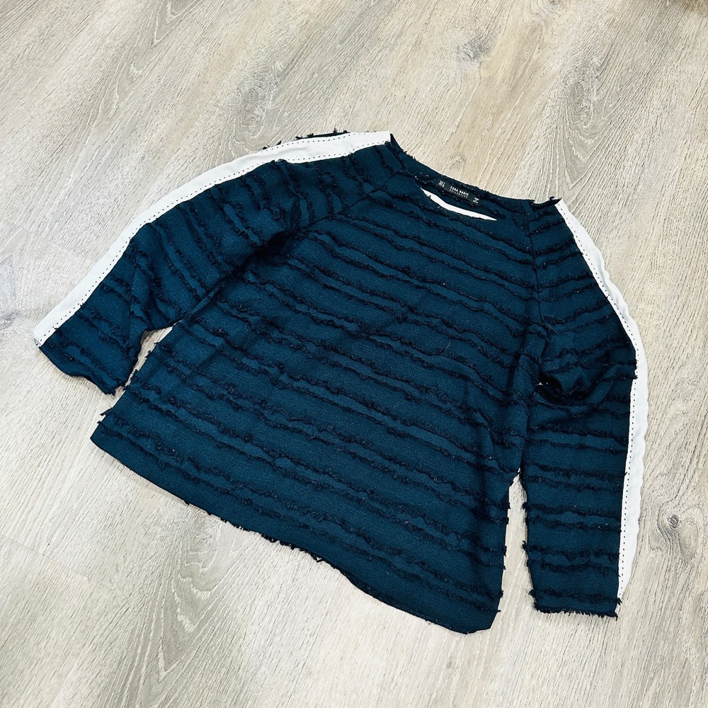 Zara Basic Navy‎ Blue Textured Fringed Stripe Top White Side Stripe Womens Small